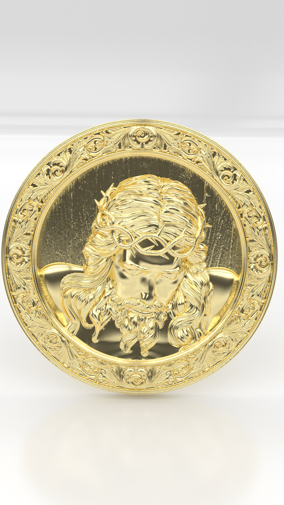 Pinjente redondo com o rosto de Jesus cruscificado, em ouro 18.