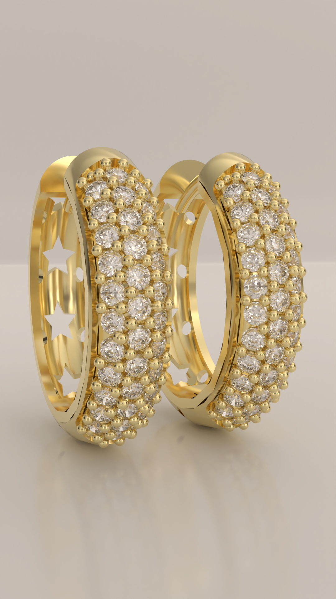 Brinco argola articulada com 3 fileiras de zirconias cravejadas, em ouro 18K.