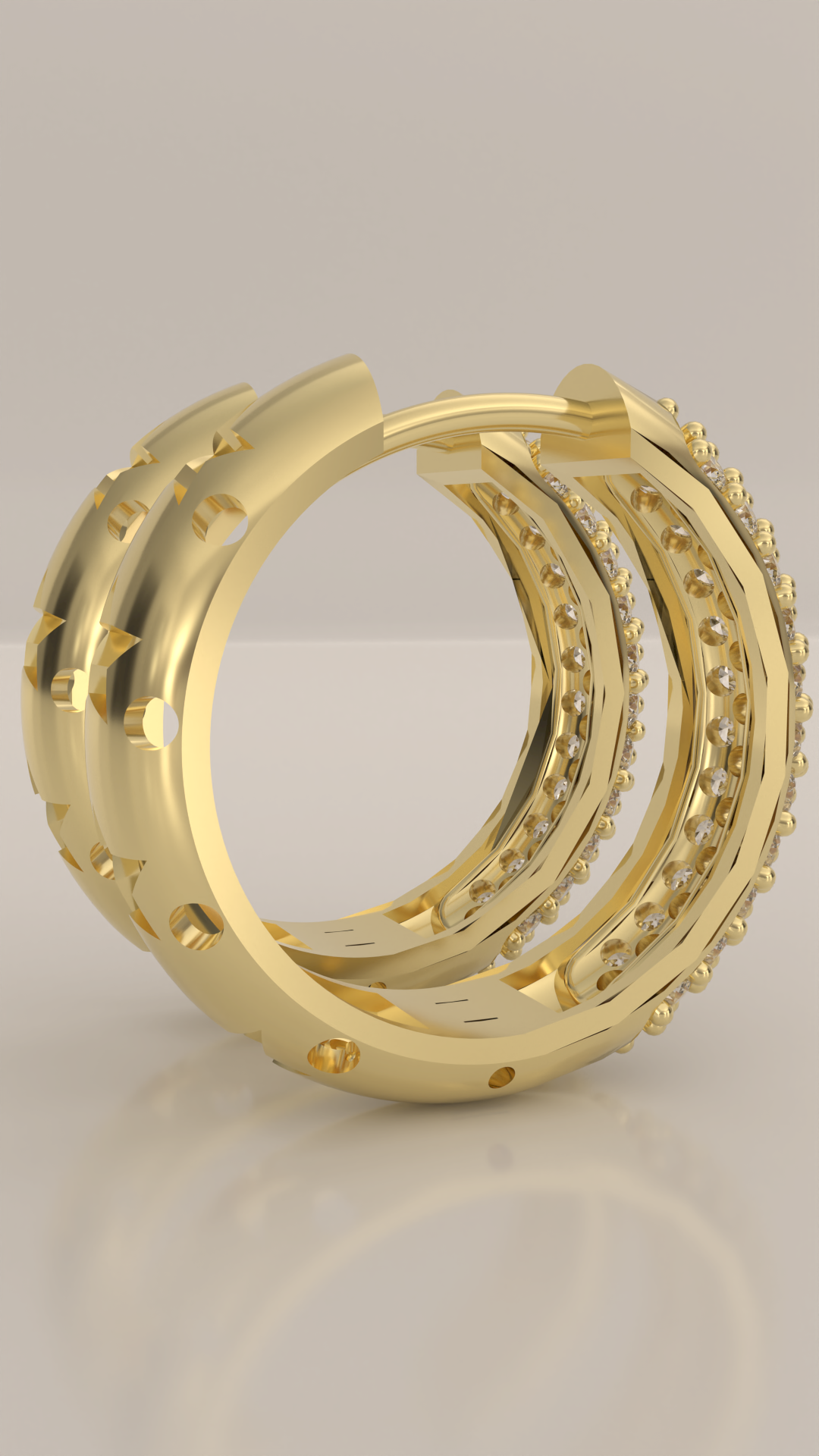 Brinco argola articulada com 3 fileiras de zirconias cravejadas, em ouro 18K.
