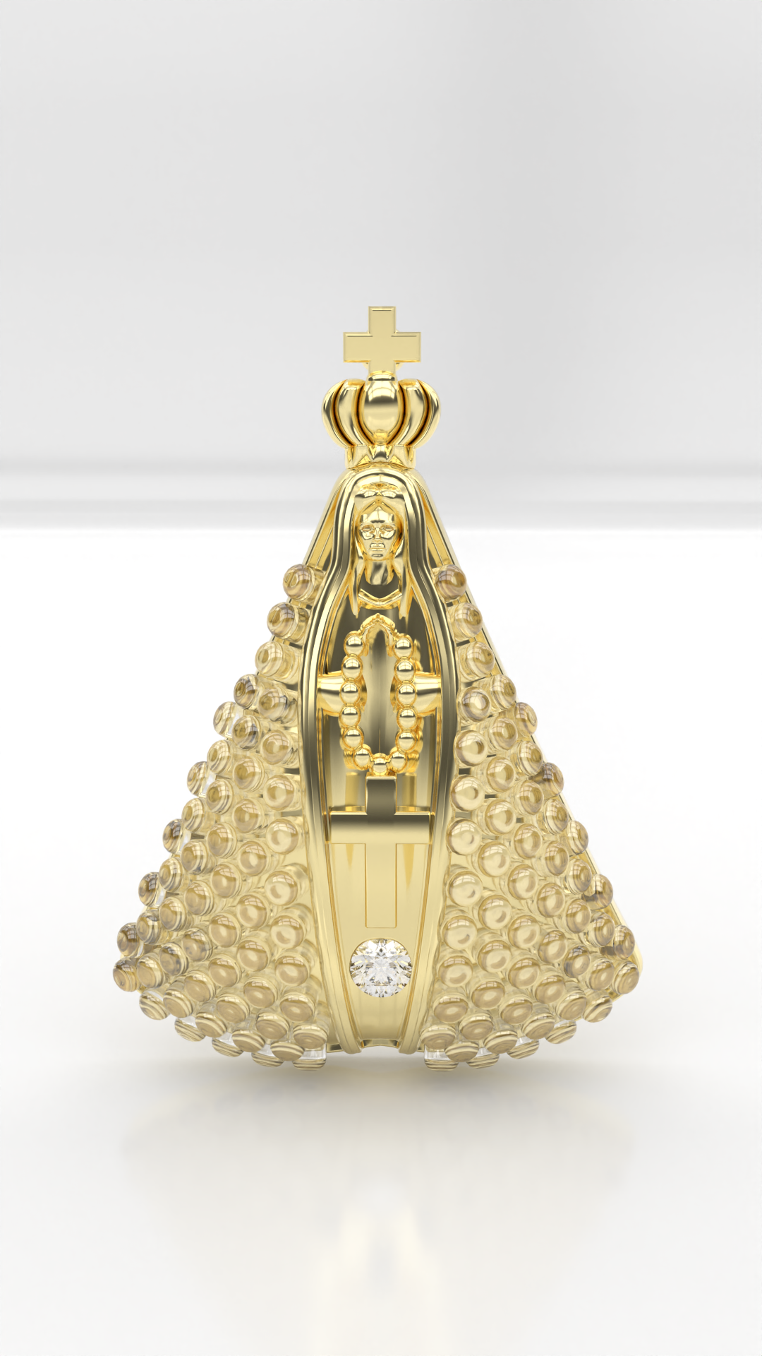 Pingente Nossa Senhora de Aparecida Cravejada com zirconias, em ouro 18.