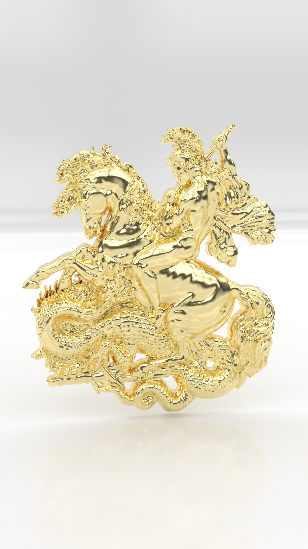 Pinjente São Jorge com cavalo e dragão, Ogum em ouro 18.